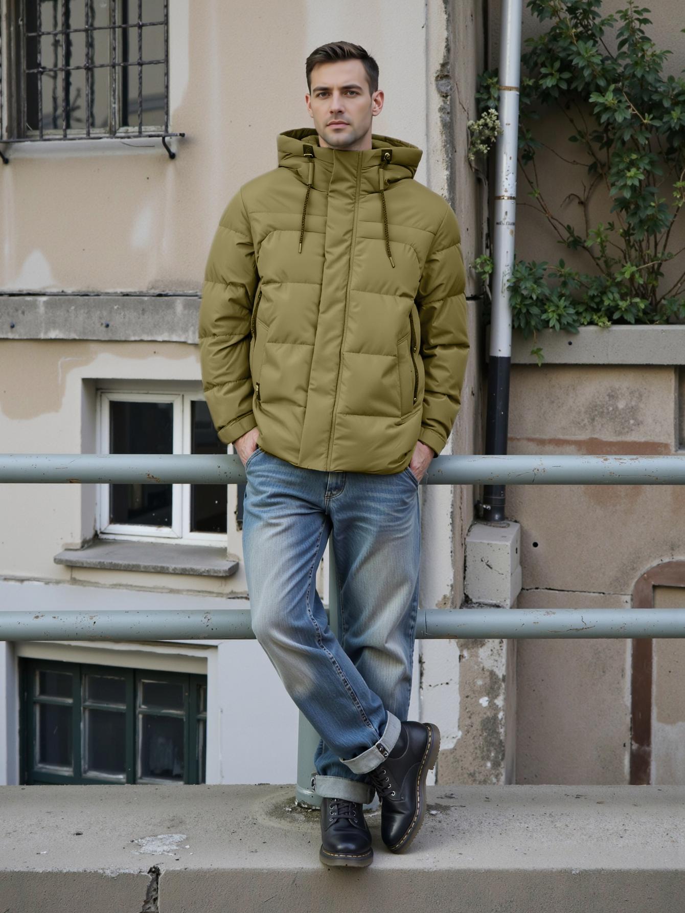 

Cinemore 2025 Winter Coat Men s Down Jacket with Pockets, Warm, Drawstring, Hooded, Short Parka Men s 8037 6XL темного кольору хакі