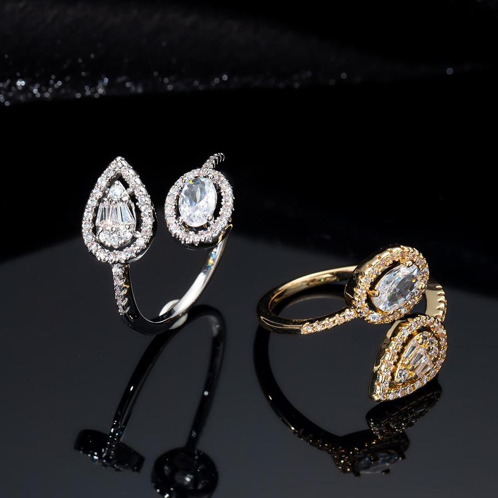 2026 Women's Light Luxury Double Stone Adjustable Ring, Oval & Pear Shape, Bright Silver, Full Pave Zirconia.