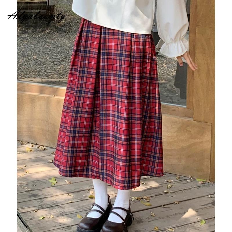 Japanese Mori Girl Spring Autumn Women Midi Skirt High Waist Burgundy Plaid Vintage Skirt Sweet Girl's Elegant Retro Skirts Womens