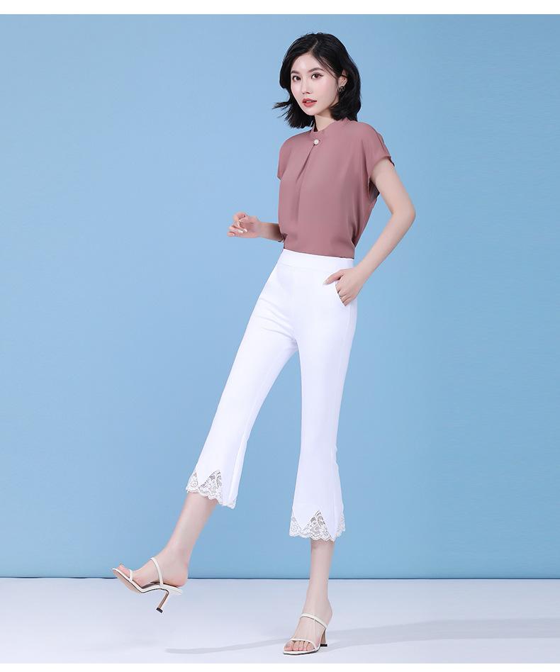 Women's High Waist Lace Flare Pants - White, Elastic, Plus Size, Slimming, Casual, Thin, Seven-Point Length, Summer Style