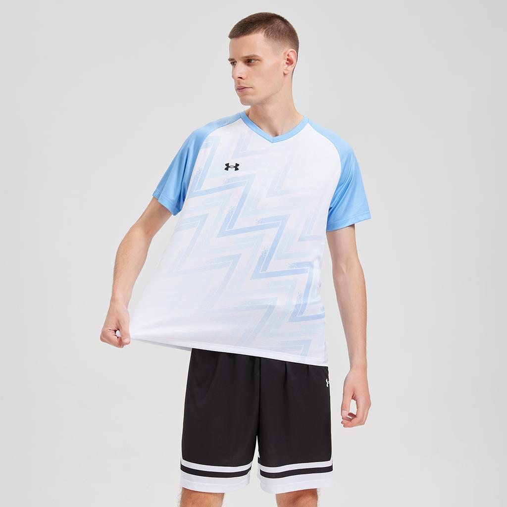 Under Armour Color Block Logo Print Casual Sports V-Neck Short Sleeve T-Shirt Unisex Tops Blue White 25500520-100