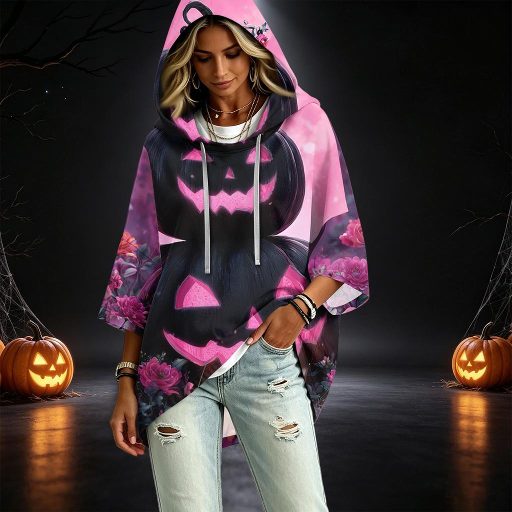 Women's Halloween Printed Hoodie 3/4 Sleeve Pullover Casual Tunic for Party