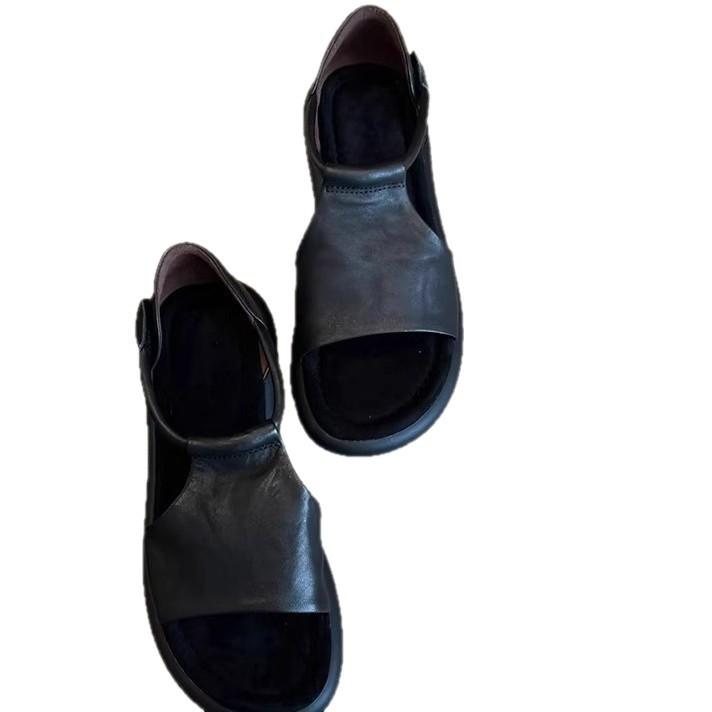 Soft Leather Version~~ Retro Casual Hollow Platform Open-toed Sandals Women's Summer New Versatile Soft-soled Heightening Roman Shoes