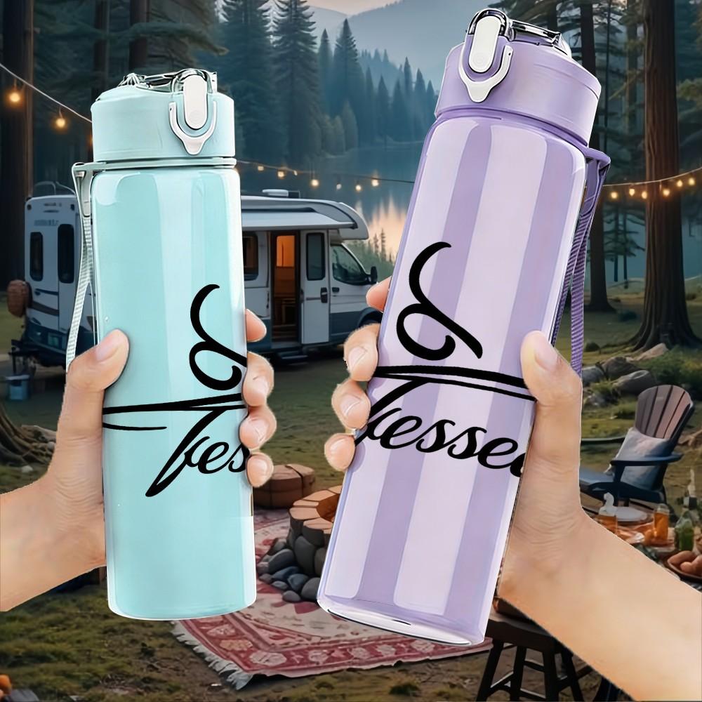 1PC Blessed Cursive Script Art 750ml Color Plastic Sports Water Bottle Leakproof Flip Straw Lid Suitable for Sports Office Home Use
