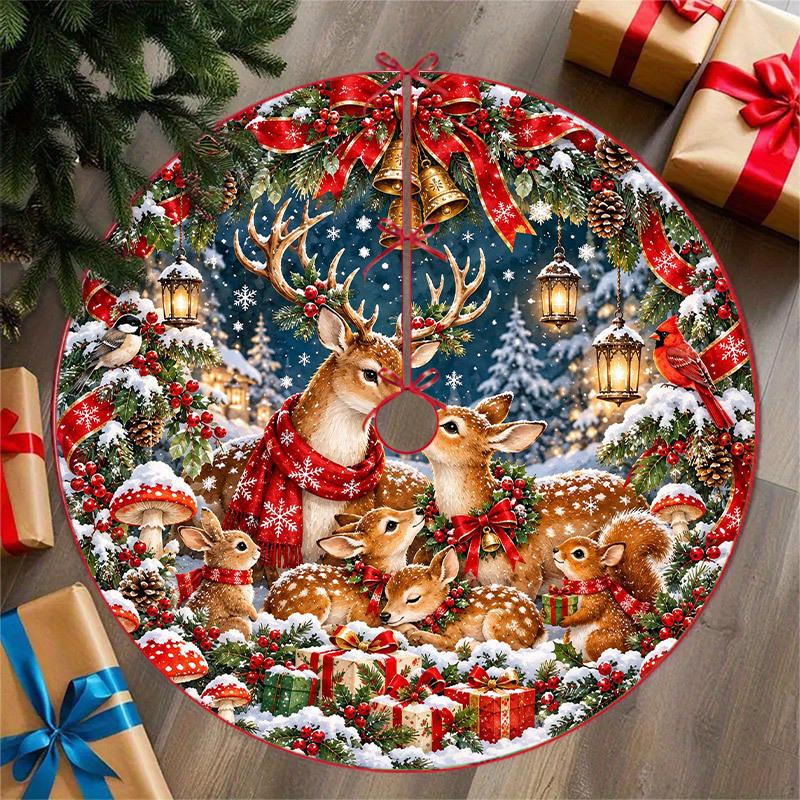 1pc Christmas Tree Skirt, Red Background with Reindeer in the Forest Christmas Mandala Round Print. Suitable for Christmas Tree Base Decoration, Tree