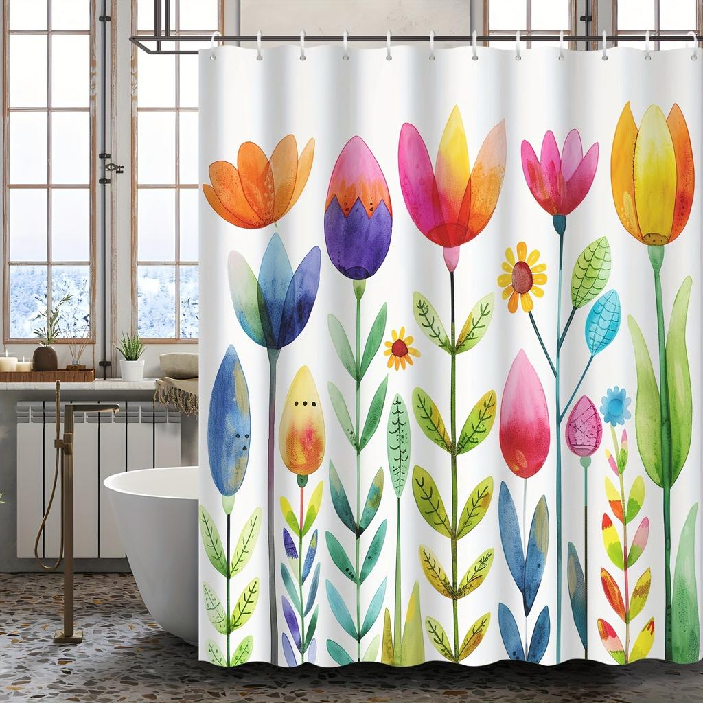 Cortina de Ducha de Flor de Tulipán de Dibujos Animados Abstractos Lavable Resistente a la Suciedad Cabezal de Ducha Impermeable Cortina de Baño de Poliéster