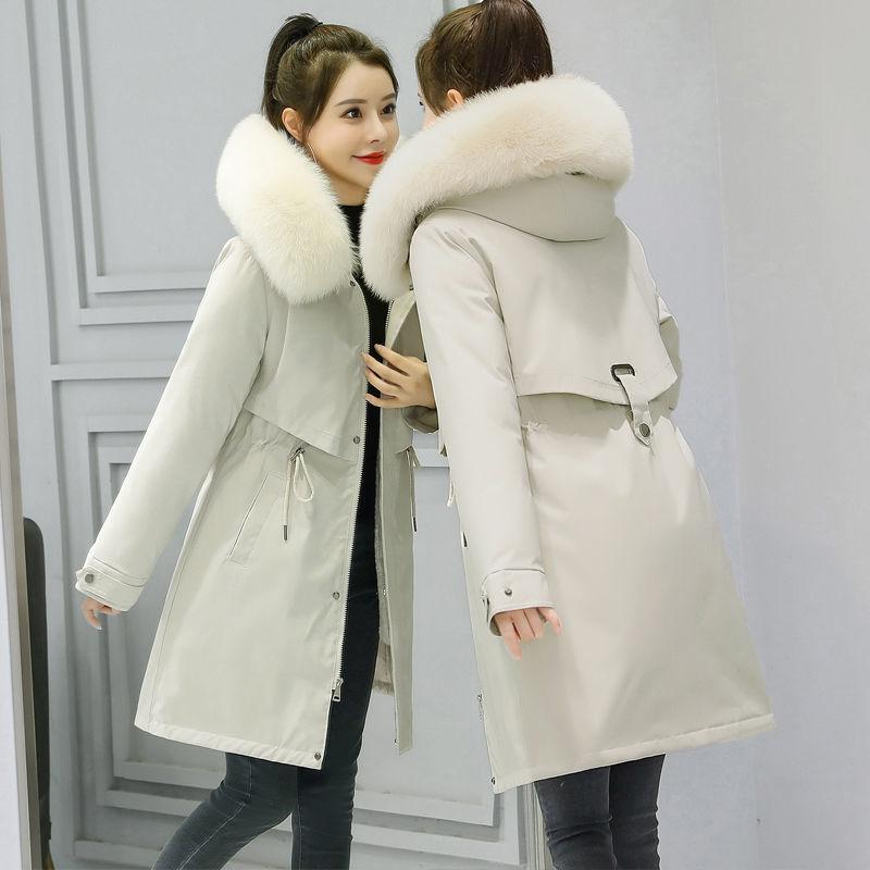 Damen Wintermantel Sale Damen Beige Fügen Sie Wolle Dicke Wärme Fell Kapuze Parkas Jacke Mode Gürtel Schlank Baumwolle Mantel