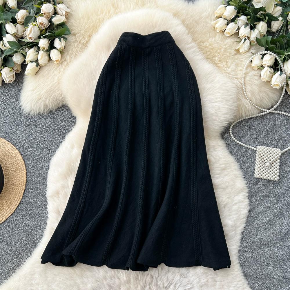 Autumn Winter Women Casual Twist Knitted Elastic High Waist Long Midi Skirt