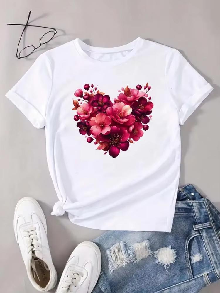 Unisex T-shirt z nadrukiem serca i kwiatów, letnia odzież unisex, okrągły dekolt, krótki rękaw, topy, koszulki, estetyczne ubrania