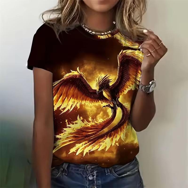 Summer Round Neck 3D Phoenix Pattern Print Top Fashionable Casual Short Sleeved Women's T-shirts