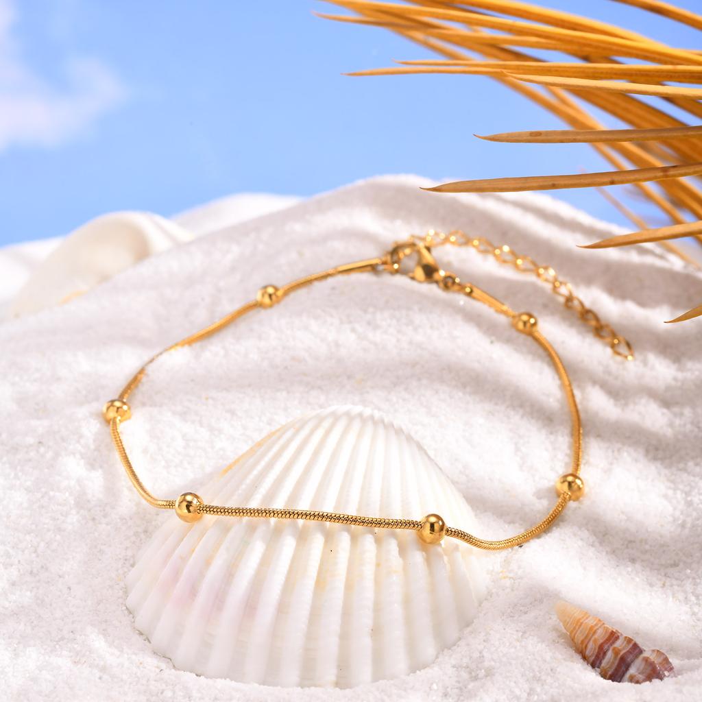 Summer Anklets for Women Girls, Stainless Steel Round Snake Chain Bead Anklet Bracelet On Leg Jewelry Waterproof