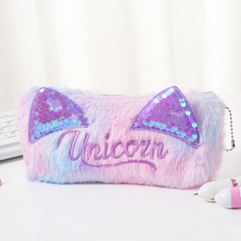 

Tie-dye Cat Ear & Sequins Pencil Case - Large Capacity Plush Bag with Embroidered Letters and Zipper Closure