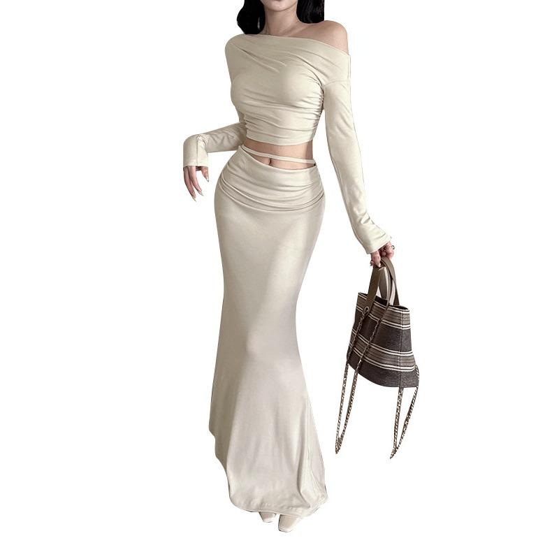 Ilya Slanted Shoulder Waist Long-sleeved Suit Skirt Women, Autumn French Design Skirt Suit