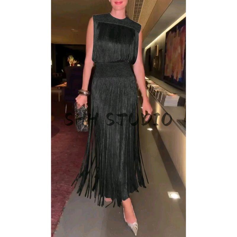 Summer New Product Women's Clothes Fashion Style round Neck Sleeveless Decorated Tassel Knitting Evening Dress Clothing Dress Two-piece Set