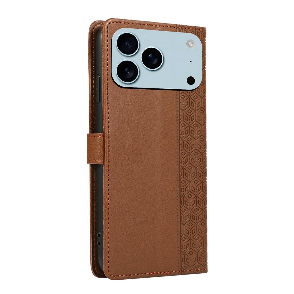 For iPhone 17 Pro Case Splicing Imprinted Rhombus Leather Phone Cover with Wrist Strap