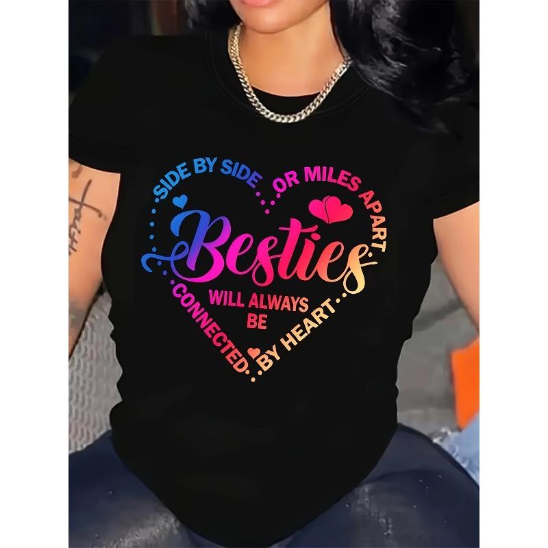 

European Size Women S Sisters Best Friend Rainbow Letter Print T-Shirt | Heart Butterfly Pattern, Casual Short Sleeve, Round Neck, All-Season Wearable 4XL