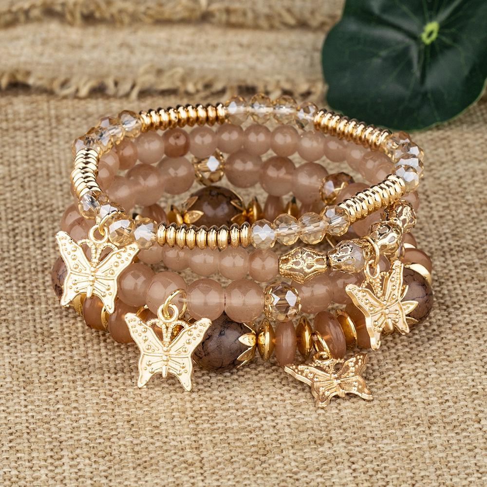 Bohemian Multi-layer Crystal Beaded Butterfly Pendant Stacking Bracelet
