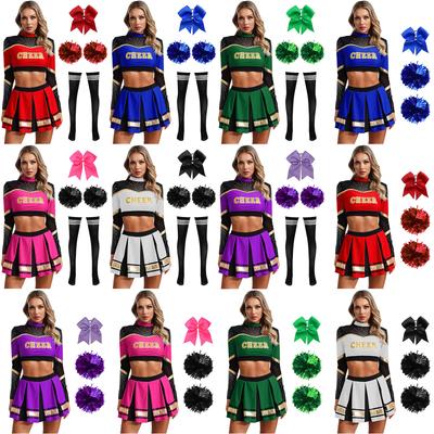 Tenue de Danse de Performance Cheerleading pour Femmes Manches Longues Col Montant Strass Crop Top Jupe Plissée Ensemble Cravate pour Cheveux