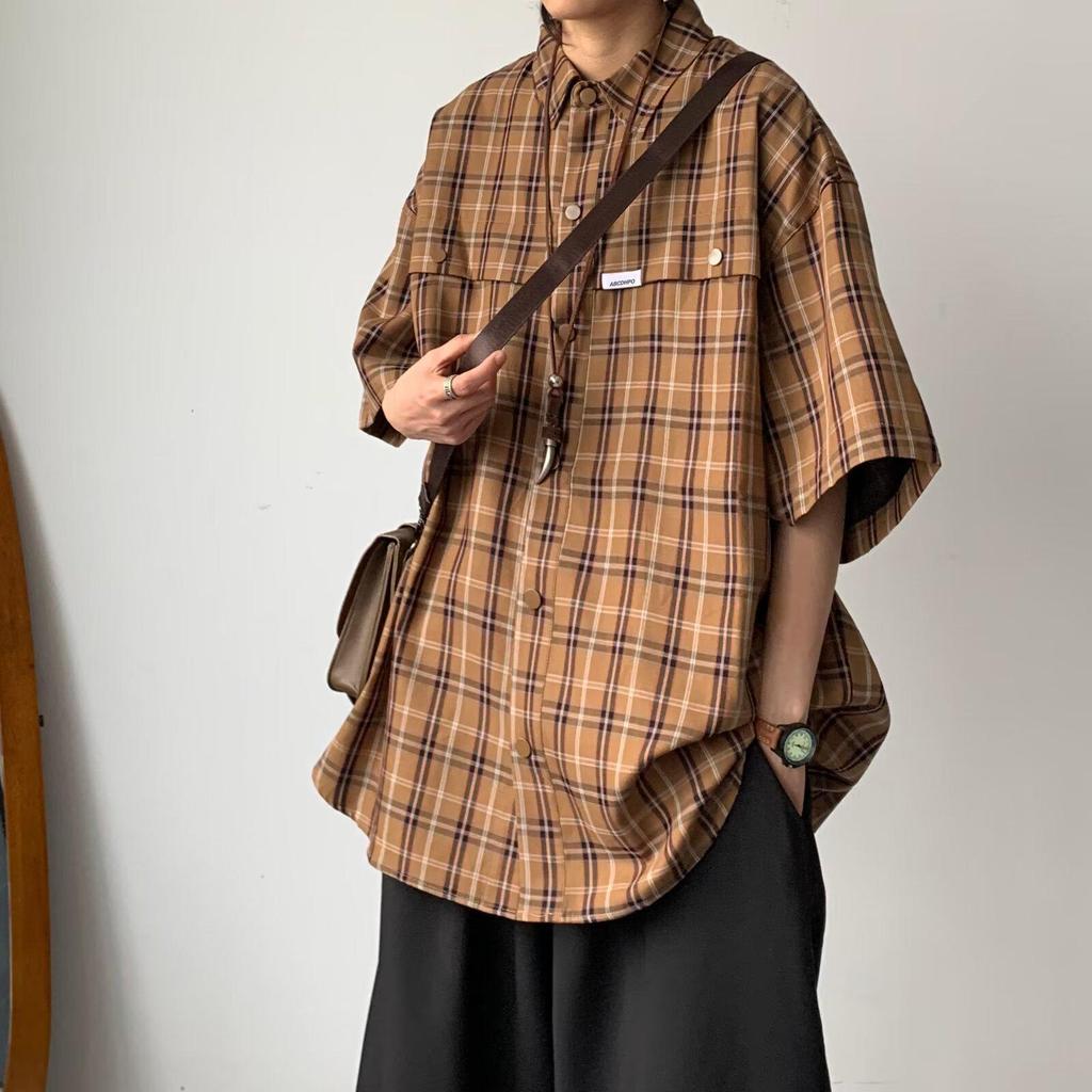 Men's Classic Japanese Retro Plaid Shirt - Short Sleeve, Loose Fit, Casual Summer Jacket.