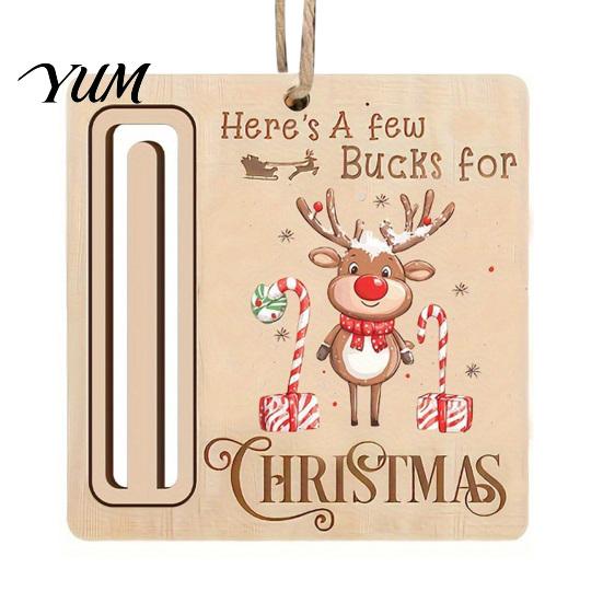 Elk Pattern Xmas Tree Pendants Rustic Santa Reindeer Money Holder Ornament, Wooden Cash Gift Card Creative Ornaments Clip with Slot, Christmas Hanging