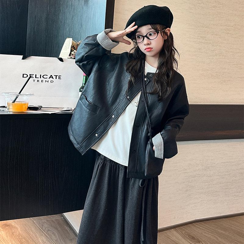 

Кожаная мотоциклетная куртка для девочек Осень 2025 - Модная корейская модель для подростков 120 cm чёрный