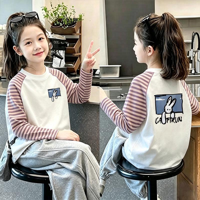 Girls' Patchwork Striped Long-Sleeve Cartoon Top - Spring/Autumn Round Neck Casual Shirt