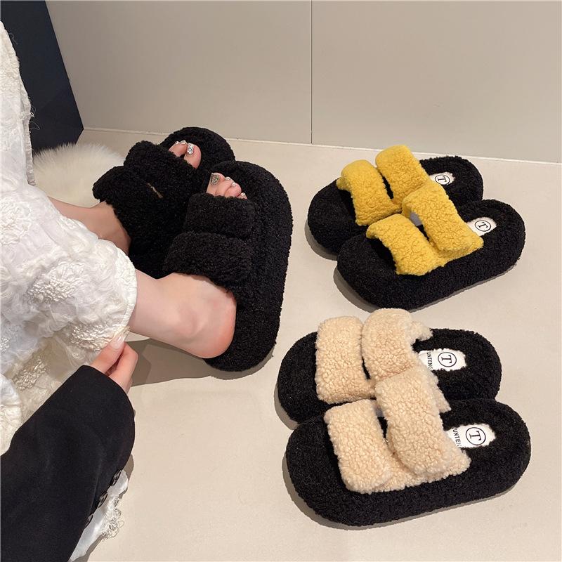 Thick-bottomed fluffy slippers for women's outer wear, one-word velvet to keep warm and increase height, autumn and winter 2025 new mink wool cotton