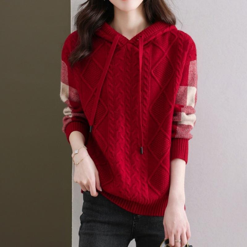 Sweater women's autumn and winter new lazy style casual hooded loose knitted sweater long-sleeved top bottoming shirt