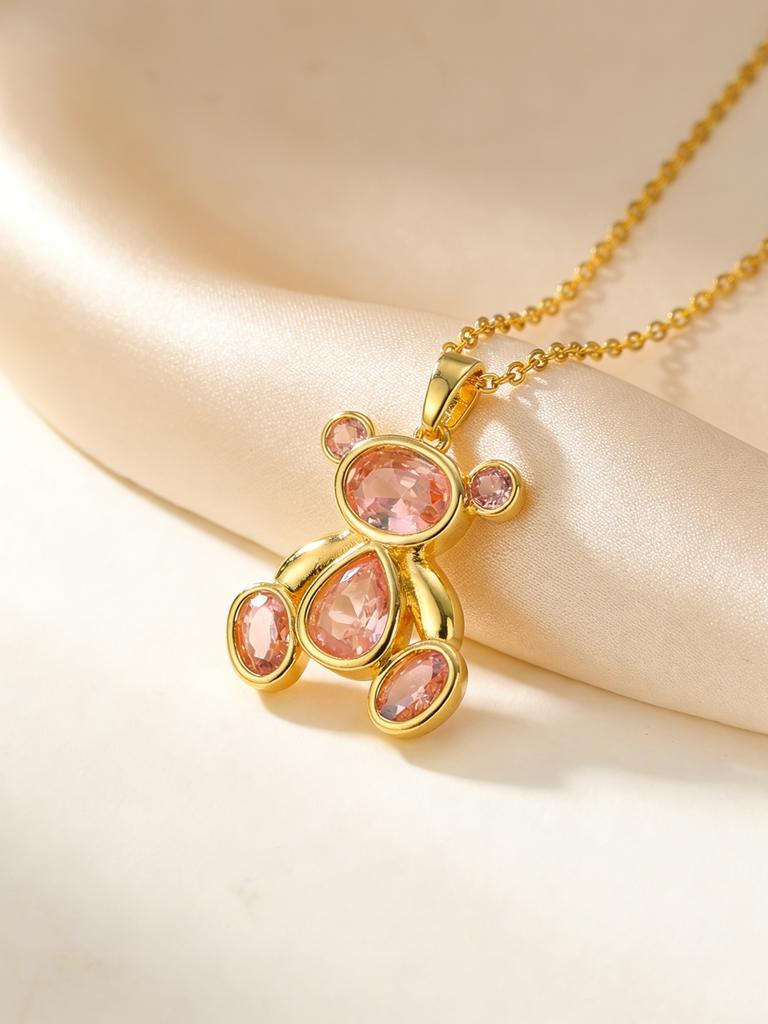 Delicate Cute Pink Zircon Bear Pendant Necklace for Women Girl, Stylish Animal Necklace, Exquisite Luxury Jewelry Accessories