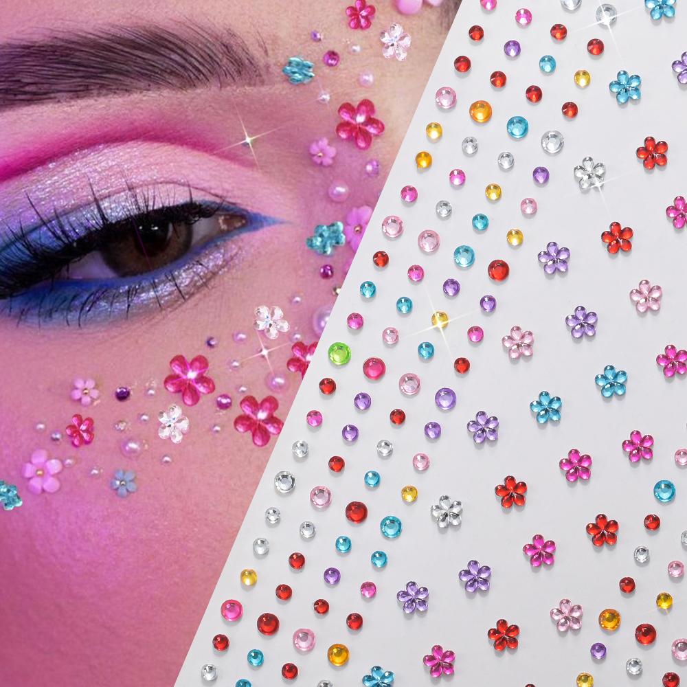 3D Colorful Star Flower Face Diamond Sticker Bling Rhinestone Self-Adhesive Fake Tattoo for Party Stage Makeup Gems Stickers