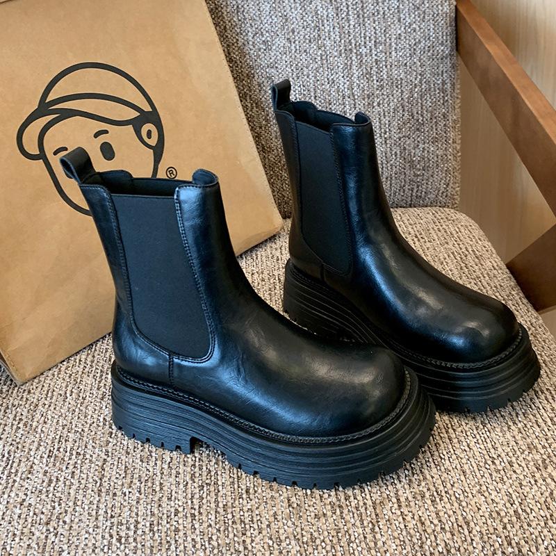 Herbst und Winter Britischer Stil Plateau Dicke Ferse Chelsea Boots Großer Schaftumfang Kurze Stiefel Martin Boots Dünn Erweitert Große Größe Damen
