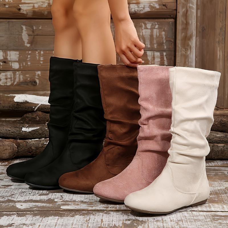 Large Size Mid Length Boots for Women In Autumn and Winter, New Side Zipper Pleated Stacking Boots, Flat Bottom Suede Boots