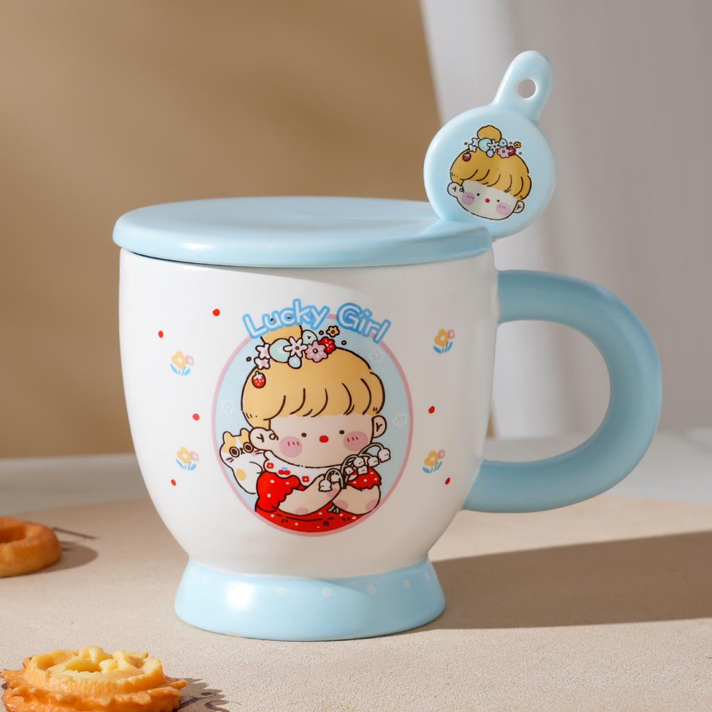 Milk Fufu Mug with Lid Spoon Comics Kids Ceramic Cup High End Couple Water Cup Internet Celebrity Breakfast Cup
