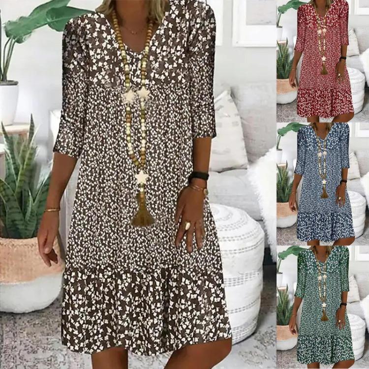 

Women Summer V Neck Printed Midi Dress New Mid Sleeve Fashion S червоний