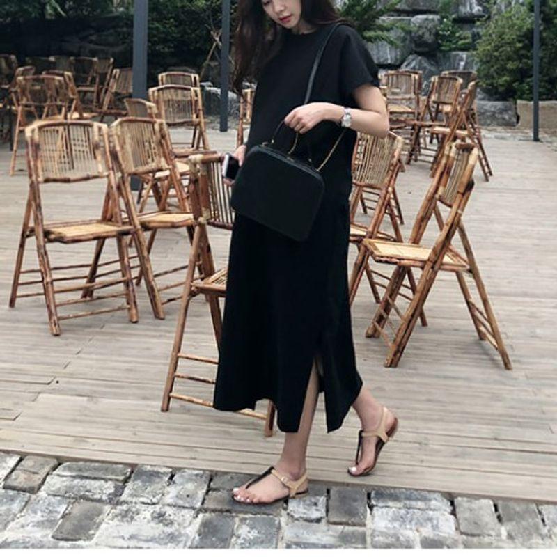 

Одежда K-стиля больших размеров для женщин, платье из чистого хлопка с круглым вырезом, черное, модное, с темпераментом, повседневное, с поясом, с разрезом, с коротким рукавом Black 4XL