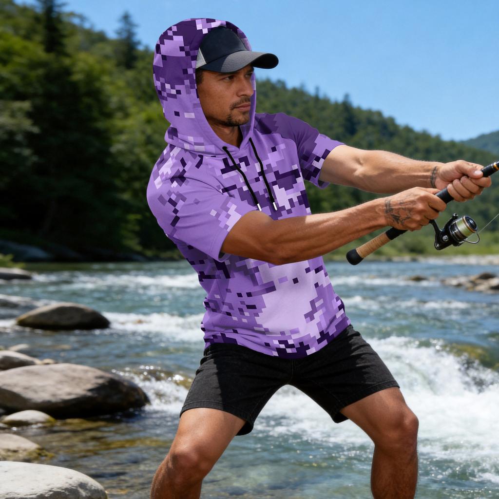 Sudadera con Capucha para Hombre Estampado de Camuflaje Manga Raglán Casual Pesca Deportiva Protección Solar Manga Corta Ligera Transpirable Camisa para Exteriores