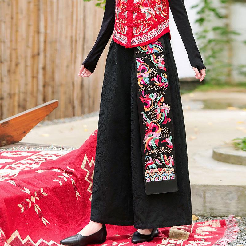 

Ethnic Style Embroidered High Waist Wide Leg Lantern Pants for Women One Size чёрный