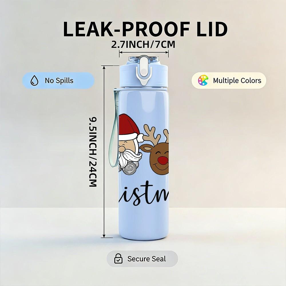 1PC Love Christmas Reindeer 750ml Color Plastic Sports Water Bottle Leakproof Flip Straw Lid Suitable for Sports Office Home Use