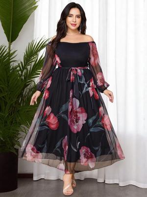 Autumn Elegant Plus Size Off-Shoulder A-line Floral Mesh Dress