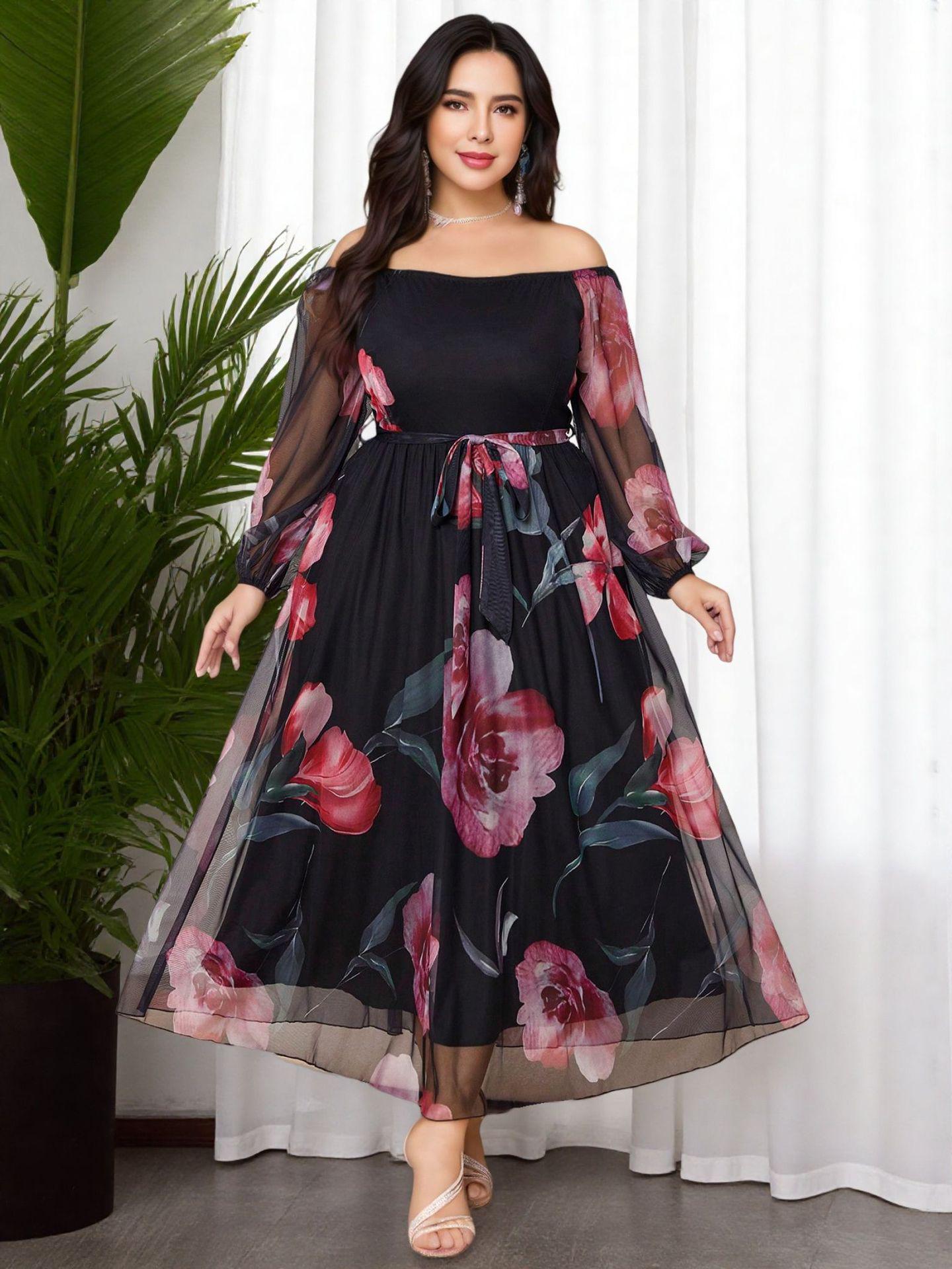 

Autumn Elegant Plus Size Off-Shoulder A-line Floral Mesh Dress 4XL
