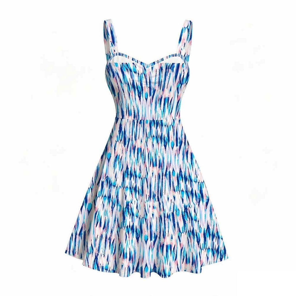 Women Plus Size White Purple Printed Sleeveless Strappy Dress Square Neck Fitted Waist Flared Hem