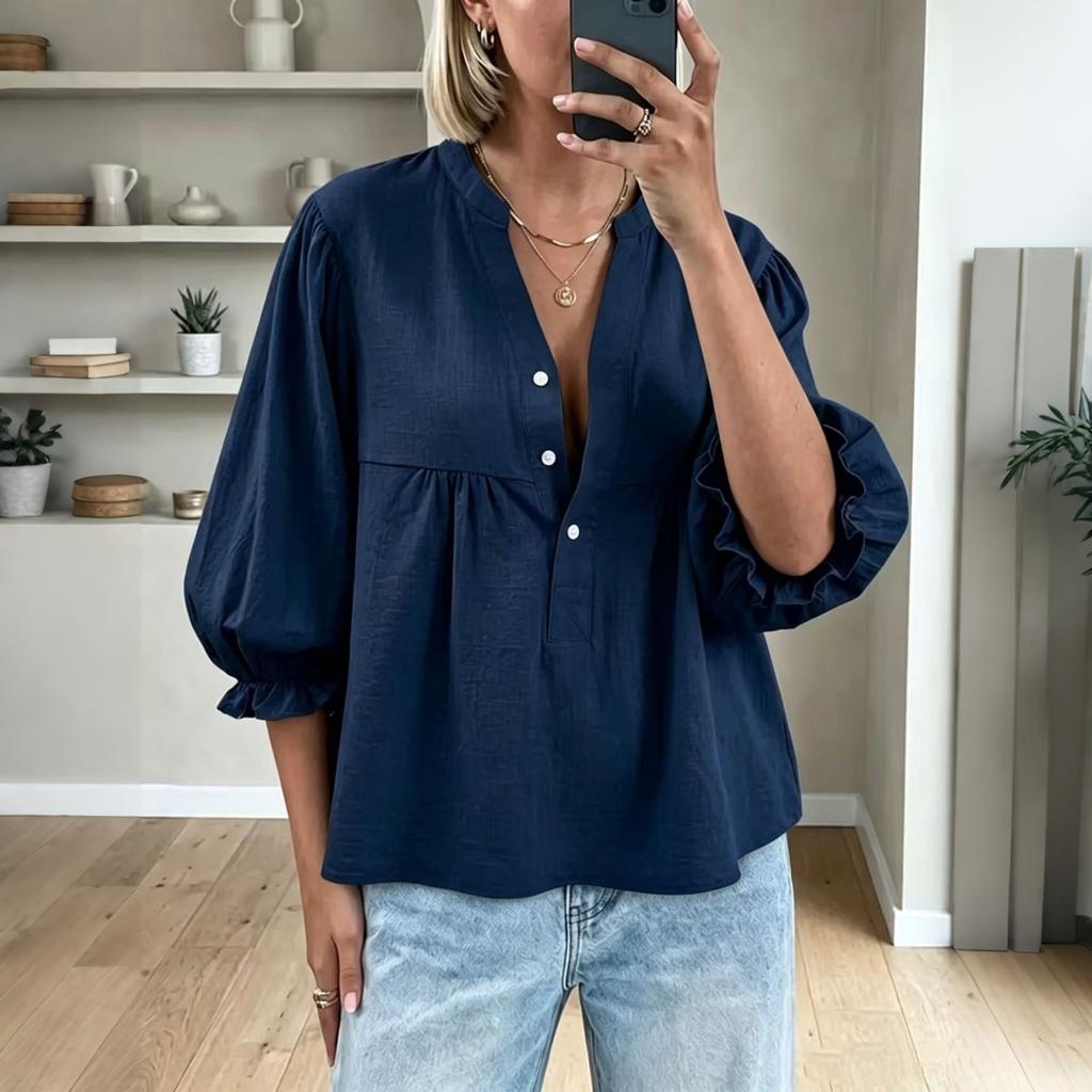 Women's Button Front Blouse Linen Cotton Blend Balloon Sleeves Puff Sleeve Top Casual Loose Fit Shirt