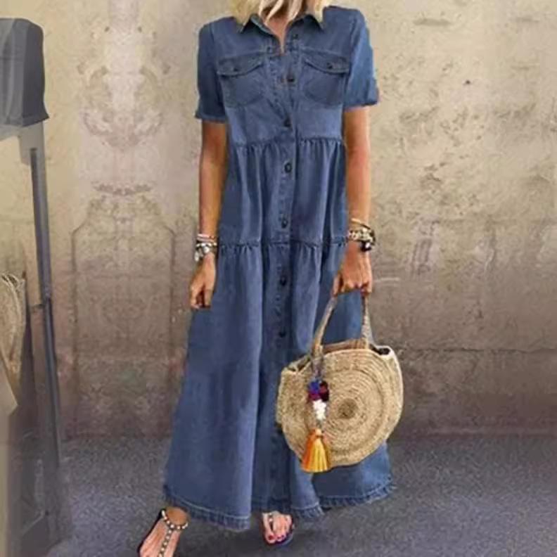 YYFS Moda Feminina Verão Primavera Cor Sólida Estampa Manga Curta Gola Polo Cintura Solta Vestidos Casuais