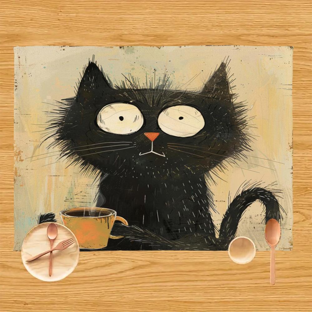 Black Cat Pattern Placemat Linen Fabric Table Mats Family Dinner Tableware Kitchen Table Mat 30X40cm