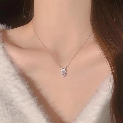 Colier cu pandantiv cu inimă cu fundă de zircon, inimă roz, pentru femei, fete, lanț de claviculă elegant pentru femei, bijuterii