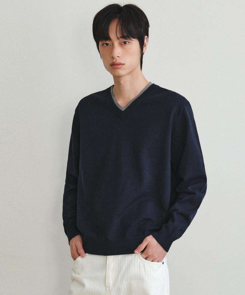 Wednesday Oasis Washable Double Layered V-Neck Knit_Navy(Wc26Kn34)