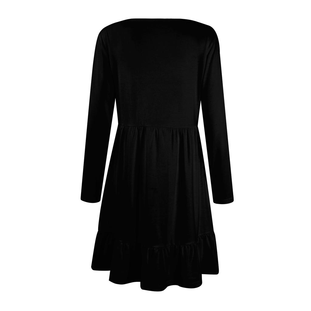Ladies' Casual Round Neck Long Sleeved Dress Color Loose Waist Pleated Dress