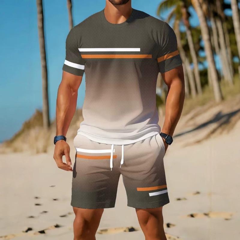 Men's O Neck Short Sleeved Shorts Set Summer Fashion Casual Sports Sets 3D Stripe Printed 2-piece Set
