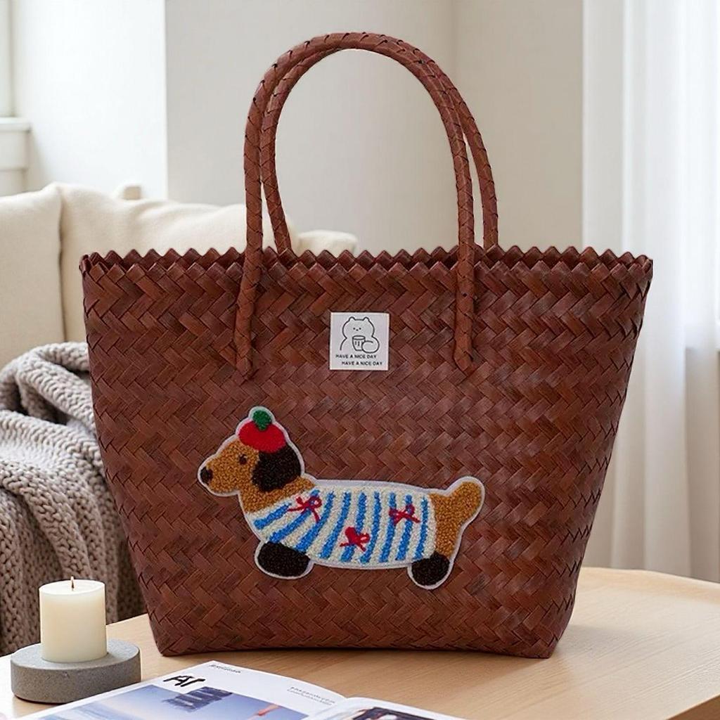 Handgefertigte bestickte Dackel gewebte Handtasche und Aufbewahrungskorb