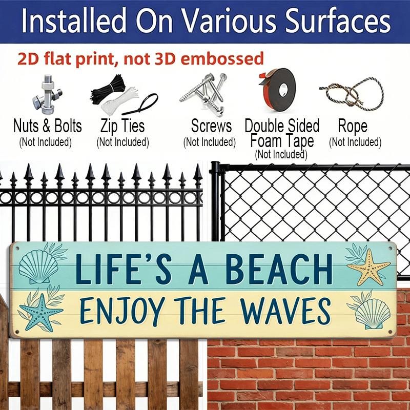 2D Flat, 1pc Rustic Coastal Aluminium Decorative Sign "Life's A Beach Enjoy The Waves" - Minimalist Nautical Beach Art with Wood Plank Decor